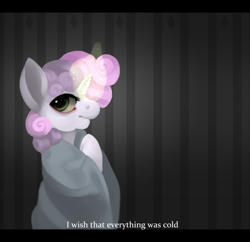 Size: 1280x1237 | Tagged: safe, artist:ptg, imported from derpibooru, sweetie belle, pony, unicorn, blanket, caption, female, filly, foal, glowing, glowing horn, horn, looking at you, magic, magic aura, sad, solo, text