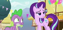 Size: 1162x563 | Tagged: safe, composite screencap, edit, edited screencap, imported from derpibooru, screencap, spike, starlight glimmer, dragon, unicorn, triple threat, lidded eyes