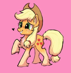 Size: 797x821 | Tagged: safe, artist:neongin, imported from derpibooru, applejack, earth pony, pony, adorable face, applejack's hat, chest fluff, cowboy hat, cute, cute face, cutest pony alive, design, female, fetlock tuft, fluffy, hat, hooves, huggable, mare, pink background, raised hoof, simple background, soft, solo