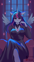 Size: 2244x4000 | Tagged: safe, artist:xjenn9, imported from derpibooru, twilight sparkle, alicorn, anthro, breasts, cleavage, clothes, commission, crossed legs, dress, female, grin, horn, looking at you, smiling, smirk, solo, sparkles, spread wings, twilight sparkle (alicorn), wings, ych example, your character here