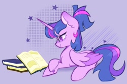Size: 2048x1352 | Tagged: safe, artist:indigohatetrain, imported from derpibooru, twilight sparkle, alicorn, pony, abstract background, book, crossed hooves, female, glasses, lying down, mare, ponytail, reading, signature, solo, stars