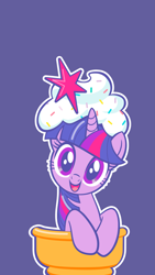 Size: 5625x10000 | Tagged: safe, edit, editor:anonymous, imported from twibooru, twilight sparkle, food pony, original species, pony, unicorn, cute, female, food, happy, ice cream, ice cream cone, image, looking at you, mare, official, open mouth, open smile, phone wallpaper, png, ponified, purple, simple background, smiling, smiling at you, solo, sprinkles, twiabetes, unicorn twilight, wingless, wingless edit