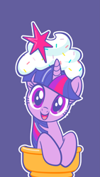 Size: 5625x10000 | Tagged: safe, edit, editor:anonymous, imported from twibooru, twilight sparkle, food pony, original species, pony, unicorn, cute, female, food, happy, ice cream, ice cream cone, image, looking at you, mare, official, open mouth, open smile, phone wallpaper, png, ponified, purple, purple background, simple background, smiling, smiling at you, solo, sprinkles, twiabetes, unicorn twilight, wingless, wingless edit