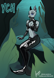 Size: 1640x2360 | Tagged: safe, artist:stirren, imported from derpibooru, anthro, mermaid, algae, bra, clothes, commission, crepuscular rays, dorsal fin, fin, fins, fish tail, gloves, latex, latex bra, latex gloves, mermaid tail, ocean, pinup, seaweed, solo, sunlight, tail, underwater, underwear, water, your character here