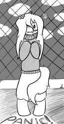 Size: 1020x1983 | Tagged: safe, artist:castafae, imported from derpibooru, oc, oc only, oc:ceiling fan, satyr, blushing, clothes, female, flustered, grayscale, hair over one eye, long skirt, mare, monochrome, panic, parent:oc:floor bored, skirt, solo, sweater