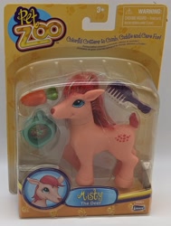 Size: 1935x2560 | Tagged: safe, imported from derpibooru, deer, bootleg, carrot, comb, female, food, lanard, lanard pet zoo, misty the deer, name, packaging, photo, smiling, solo, text, toy