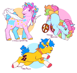 Size: 2048x1951 | Tagged: safe, artist:cocopudu, imported from derpibooru, oc, oc only, oc:sherbet blossom, oc:tippy paws, oc:wishful dreaming, alicorn, unicorn, alicorn oc, bandana, coat markings, female, g1, horn, male, mare, missing limb, simple background, socks (coat markings), stallion, trio, wheelchair, white background, wings