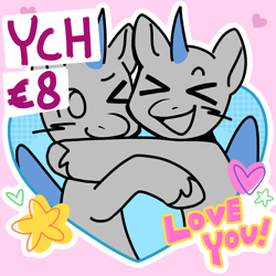 Size: 2048x2048 | Tagged: safe, artist:daisy_marshmallow, imported from derpibooru, pony, advertisement, blushing, commission, duo, holiday, hug, smiling, valentine's day, xd, ych example, your character here