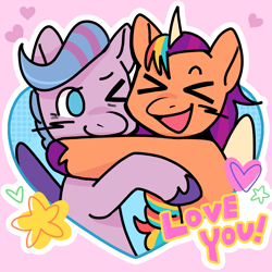 Size: 2048x2048 | Tagged: safe, artist:daisy_marshmallow, imported from derpibooru, queen haven, sunny starscout, alicorn, pegasus, pony, blushing, chibi, commission, duo, duo female, female, g5, hug, lesbian, mane stripe sunny, shipping, smiling, sunnyhaven, text, xd, ych example, ych result, your character here