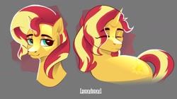 Size: 1845x1032 | Tagged: safe, artist:poxy_boxy, imported from derpibooru, sunset shimmer, pony, unicorn, bust, eye clipping through hair, eyes closed, female, gray background, mare, simple background, solo