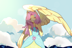 Size: 1024x691 | Tagged: safe, artist:bonyagreen1, imported from derpibooru, fluttershy, human, equestria girls, clothes, dress, eyes closed, female, large wings, open mouth, open smile, smiling, solo, wing umbrella, wings