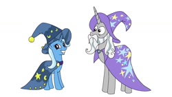 Size: 1280x720 | Tagged: safe, anonymous artist, imported from derpibooru, star swirl the bearded, trixie, unicorn, cape, clothes, hat, simple background, star swirl the bearded costume, trixie's cape, trixie's hat, white background