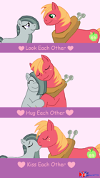 Size: 932x1660 | Tagged: safe, artist:jhock775, imported from derpibooru, big macintosh, marble pie, earth pony, pony, ^^, comic, cute, daaaaaaaaaaaw, duo, eyes closed, female, freckles, hug, kissing, looking at each other, looking at someone, male, marblebetes, marblemac, mare, meme, pink background, shipping, simple background, smiling, smiling at each other, stallion, straight, wholesome