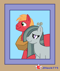 Size: 572x684 | Tagged: safe, artist:jhock775, imported from derpibooru, big macintosh, marble pie, earth pony, pony, clubhouse, crusaders clubhouse, duo, female, freckles, male, marblemac, mare, photo, shipping, smiling, stallion, straight, wall