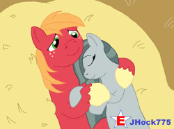 Size: 1280x954 | Tagged: safe, artist:jhock775, imported from derpibooru, big macintosh, marble pie, earth pony, pony, cuddling, cute, daaaaaaaaaaaw, duo, female, freckles, hay, lying down, male, marblebetes, marblemac, mare, shipping, sleeping, smiling, stallion, straight, wholesome