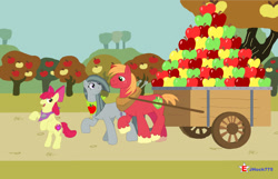 Size: 1280x826 | Tagged: safe, artist:jhock775, imported from derpibooru, apple bloom, big macintosh, marble pie, earth pony, pony, apple, apple bloom's bow, bandana, bow, chores, female, filly, foal, food, freckles, hair bow, hauling, headcanon, headcanon in the description, looking at each other, looking at someone, male, mare, married couple, pulling, rock, sisters-in-law, smiling, smiling at each other, stallion, sweet apple acres, trio, wagon