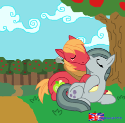 Size: 804x788 | Tagged: safe, artist:jhock775, imported from derpibooru, big macintosh, marble pie, earth pony, pony, apple, apple tree, cute, daaaaaaaaaaaw, duo, eyes closed, female, food, freckles, holding hooves, kiss on the lips, kissing, lying down, male, marblebetes, marblemac, mare, shipping, stallion, straight, sweet apple acres, tree, wholesome