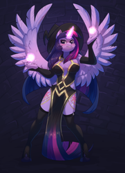 Size: 2000x2759 | Tagged: safe, artist:peachmayflower, imported from derpibooru, twilight sparkle, alicorn, anthro, breasts, clothes, female, gloves, hat, looking at you, magic, smiling, socks, solo, stockings, thigh highs, twilight sparkle (alicorn), wings, witch costume, witch hat