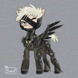 Size: 3000x3000 | Tagged: safe, artist:smolszoni, imported from derpibooru, cyborg, pegasus, pony, armor, bags under eyes, blade, commissions open, eyepatch, fanart, male, metal gear, metal gear rising, metal gear solid, ponified, raiden, white hair