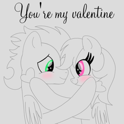 Size: 1400x1400 | Tagged: safe, artist:mrsdashskies, imported from derpibooru, rainbow dash, soarin', pegasus, pony, blushing, female, holiday, looking at each other, looking at someone, male, mare, shipping, sketch, smiling, smiling at each other, soarindash, stallion, straight, valentine's day, valentine's day card