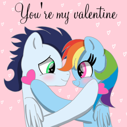 Size: 1400x1400 | Tagged: safe, artist:mrsdashskies, imported from derpibooru, rainbow dash, soarin', pegasus, pony, blushing, female, holiday, looking at each other, looking at someone, male, mare, shipping, smiling, smiling at each other, soarindash, stallion, straight, valentine's day, valentine's day card