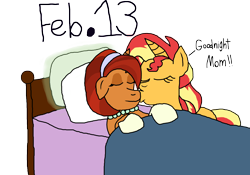Size: 3568x2500 | Tagged: safe, artist:bigpurplemuppet99, imported from derpibooru, stellar flare, sunset shimmer, alternate universe, bed, cheek kiss, daughter, female, kissing, mother, mother and child, mother and daughter, simple background, transparent background
