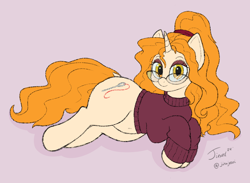 Size: 1500x1100 | Tagged: safe, artist:jessijinx, imported from ponybooru, oc, oc:golden jubilee, unicorn, /mlp/, 4chan, belly button, clothes, comfy, cutie mark, eyeliner, eyeshadow, female, glasses, golden eyes, hairband, horn, makeup, milf, neet, orange mane, sewing needle, solo, sweater, thighs, thunder thighs