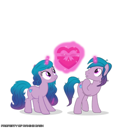 Size: 3600x3600 | Tagged: safe, artist:ramixe dash, imported from derpibooru, izzy moonbow, pony, unicorn, duo, female, g5, g5 to g4, generation leap, heart, isaac crestie, male, mare, r63 paradox, rule 63, self paradox, self ponidox, simple background, stallion, transparent background