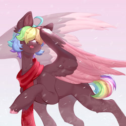 Size: 1280x1280 | Tagged: safe, artist:nnniru, imported from derpibooru, oc, pegasus, pony, clothes, colored wings, hair over eyes, scarf, solo, tongue out, two toned wings, wings