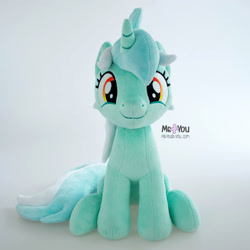 Size: 1600x1601 | Tagged: safe, artist:meplushyou, imported from derpibooru, lyra heartstrings, pony, unicorn, female, irl, looking at you, photo, plushie, simple background, sitting, smiling, solo, white background