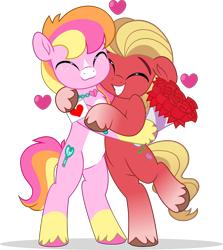 Size: 4451x5000 | Tagged: safe, artist:jhayarr23, imported from derpibooru, sprout cloverleaf, oc, oc:malarkey, earth pony, pony, bouquet, commission, duo, flower, g5, heart, holiday, hug, male, rose, shipping, simple background, stallion, transparent background, valentine's day, ych result