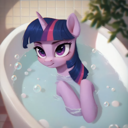 Size: 2048x2048 | Tagged: safe, imported from derpibooru, twilight sparkle, pony, unicorn, ai content, ai generated, bath, bathing, bathroom, bubble, generator:pony diffusion v6 xl, generator:purplesmart.ai, generator:stable diffusion, leaf, looking at you, prompter:krivovyaz, solo, water