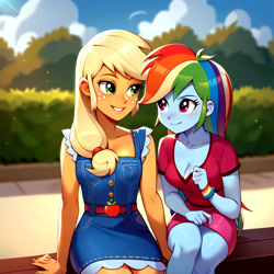 Size: 3000x3000 | Tagged: safe, imported from derpibooru, applejack, rainbow dash, equestria girls, ai content, ai generated, anonymous prompter, beautiful, breasts, cleavage, clothes, dress, generator:pony diffusion v6 xl, generator:stable diffusion, minidress, sexy, sitting, thighs