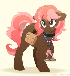 Size: 1350x1468 | Tagged: safe, artist:higgly-chan, imported from derpibooru, oc, oc only, oc:scarlet trace (coffee bean), earth pony, pony, badge, bag, buttons, collar, con badge, female, floppy ears, freckles, lanyard, looking up, overwatch, raised hoof, saddle bag, simple background, solo, sonic the hedgehog, sonic the hedgehog (series)