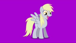 Size: 1080x610 | Tagged: safe, imported from twibooru, screencap, derpy hooves, pegasus, pony, clap your hands, female, happy, image, needs more jpeg, purple background, simple background, solo