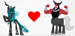 Size: 1270x617 | Tagged: safe, imported from twibooru, lord tirek, queen chrysalis, female, heart, image, male, png, shipping, simple background, straight, white background