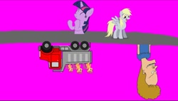 Size: 1079x612 | Tagged: safe, imported from twibooru, screencap, derpy hooves, scootaloo, twilight sparkle, human, pegasus, pony, unicorn, beavis, beavis and butthead, clap your hands, clapping, image, needs more jpeg, truck