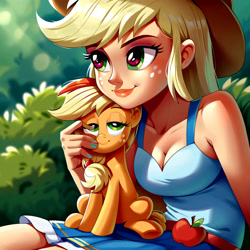 Size: 3000x3000 | Tagged: safe, imported from derpibooru, applejack, human, ai content, ai generated, anonymous prompter, beautiful, breasts, cleavage, clothes, dress, generator:pony diffusion v6 xl, generator:stable diffusion, humanized, minidress, sexy, sitting, thighs