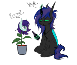 Size: 2362x2007 | Tagged: safe, artist:ashel_aras, imported from derpibooru, oc, oc only, oc:ashel, changeling, pony, alcohol, booze, changeling oc, ficus, plants, simple background, sketch, text, white background