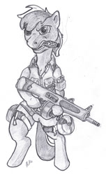 Size: 600x985 | Tagged: safe, artist:dombrus, imported from derpibooru, semi-anthro, cigar, clothes, gun, looking at you, monochrome, solo, stallion oc, traditional art, weapon