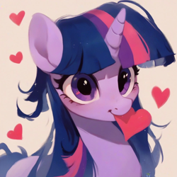 Size: 922x923 | Tagged: safe, imported from derpibooru, twilight sparkle, pony, unicorn, ai assisted, ai content, ai generated, big eyes, blue hair, blue mane, blushing, cute, detailed hair, generator:purplesmart.ai, generator:stable diffusion, heart, hearts and hooves day, looking at you, prompter:saltyvity, purple eyes, simple background, smiley face, smiling, smiling at you, solo