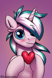 Size: 2000x3000 | Tagged: safe, artist:jedayskayvoker, imported from derpibooru, oc, oc only, oc:candle smoke, big eyes, blushing, bust, cute, ear fluff, gradient background, heart, icon, male, patreon, patreon reward, portrait, smiling, solo, stallion