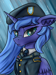 Size: 768x1024 | Tagged: safe, artist:kirieshka, imported from derpibooru, princess luna, alicorn, pony, equestria at war mod, blue eyes, bust, clothes, eaw: countdown to midnight, hair, hat, marker, marks, military pony, military uniform, portrait, princess, signs, solo, uniform, uniform hat, war