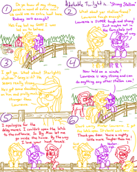 Size: 4779x6013 | Tagged: safe, artist:adorkabletwilightandfriends, imported from derpibooru, apple bloom, applejack, twilight sparkle, oc, oc:lawrence, oc:rodney, alicorn, goat, comic:adorkable twilight and friends, adorkable, adorkable twilight, barn, blushing, bow, comic, conversation, cute, defensive, dork, embarrassed, farm, fence, forest, grin, hat, humor, leaning, leaning on wall, nature, slice of life, smiling, strength, sweet apple acres, tree, twilight sparkle (alicorn), wagon