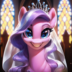 Size: 1024x1024 | Tagged: safe, imported from derpibooru, diamond tiara, earth pony, pony, ai content, ai generated, church, female, generator:purplesmart.ai, generator:stable diffusion, jewelry, looking at you, mare, older, older diamond tiara, prompter:maresforever, smiling, solo, tiara, wedding veil