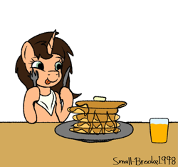 Size: 1589x1485 | Tagged: safe, artist:small-brooke1998, imported from derpibooru, oc, oc only, pony, unicorn, breakfast, food, juice, orange juice, pancake day, pancakes, simple background, solo, white background