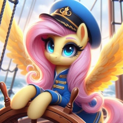 Size: 1024x1024 | Tagged: safe, imported from ponybooru, fluttershy, pegasus, pony, ai content, ai generated, bing, clothes, female, hat, leaning, leaning forward, looking at you, mare, rearing, sailing, solo, spread wings, uniform, water, wheel, wings