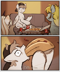 Size: 2196x2634 | Tagged: safe, artist:selenophile, imported from derpibooru, oc, oc only, oc:lunny, oc:lunny tearful, oc:pendulum, oc:seleno, pegasus, pony, unicorn, 2 panel comic, coke, comic, couch, drink, eating, faic, food, funny, hoof hold, meat, meme, pepperoni, pepperoni pizza, pizza, silly, soda, soda can, solo focus, stuffing, trio