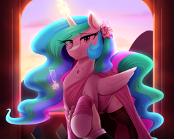 Size: 2500x2000 | Tagged: safe, artist:thebatfang, princess celestia, alicorn, pony, backlighting, balcony, clothes, dress, female, flower, flower in hair, hand, hoof hold, looking at you, mare, offscreen character, pov, smiling at you, solo focus, stockings, sunset, thigh highs