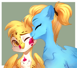 Size: 2508x2217 | Tagged: safe, artist:sofiko-ko, derpibooru exclusive, imported from derpibooru, oc, oc only, oc:beaky, oc:brave blossom, griffon, pegasus, pony, fanfic:yellow feathers, duo, face licking, female, food, griffon oc, ice cream, licking, male, mother and child, mother and son, pegasus oc, tongue out, wings